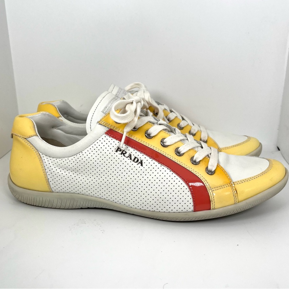Prada sneakers low top trainers color block white leather yellow size 41 unisex